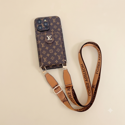 lv Louis Vuitton phone case with matching strap on a beige background