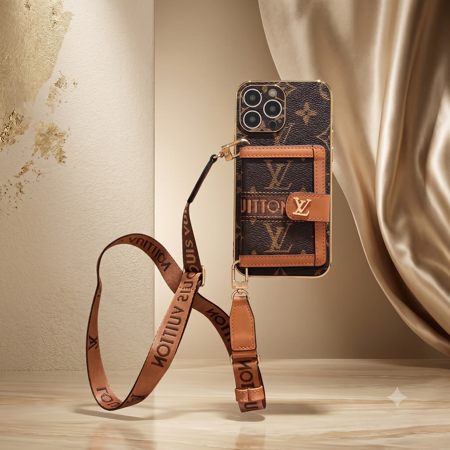 Louis Vuitton iphone 17 Pro Max - 16 Pro Max case with matching strap on a neutral background