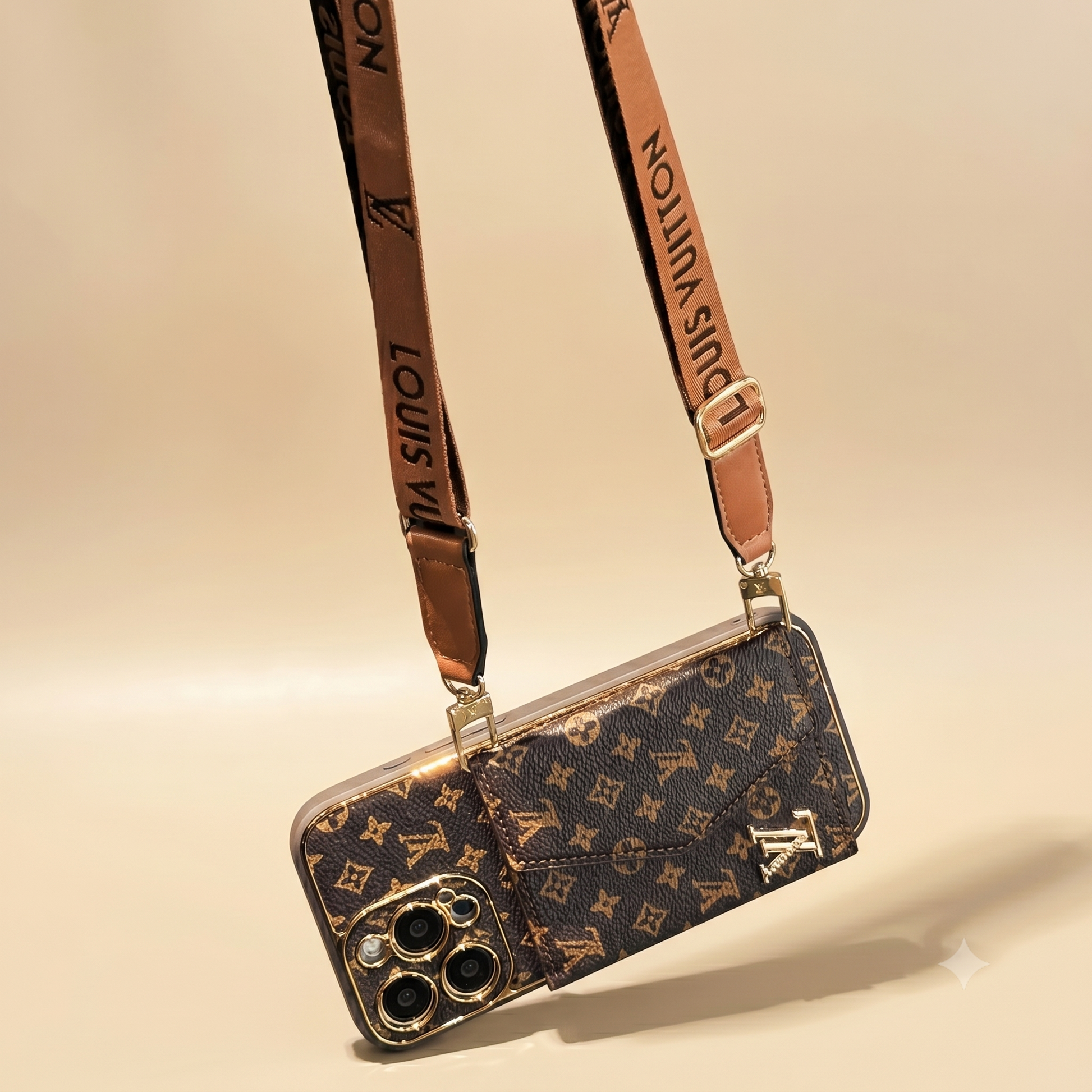 Louis Vuitton iphone 17 pro case with monogram pattern and strap on a beige background