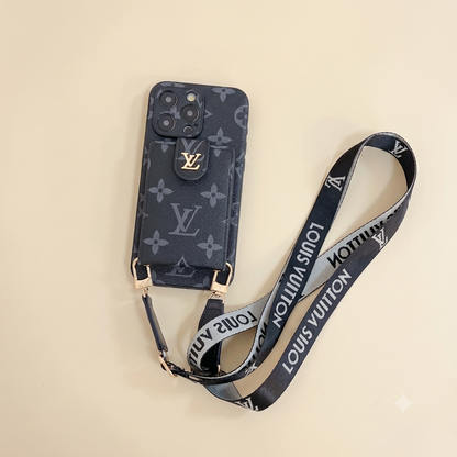 Louis Vuitton phone case with matching strap on a black