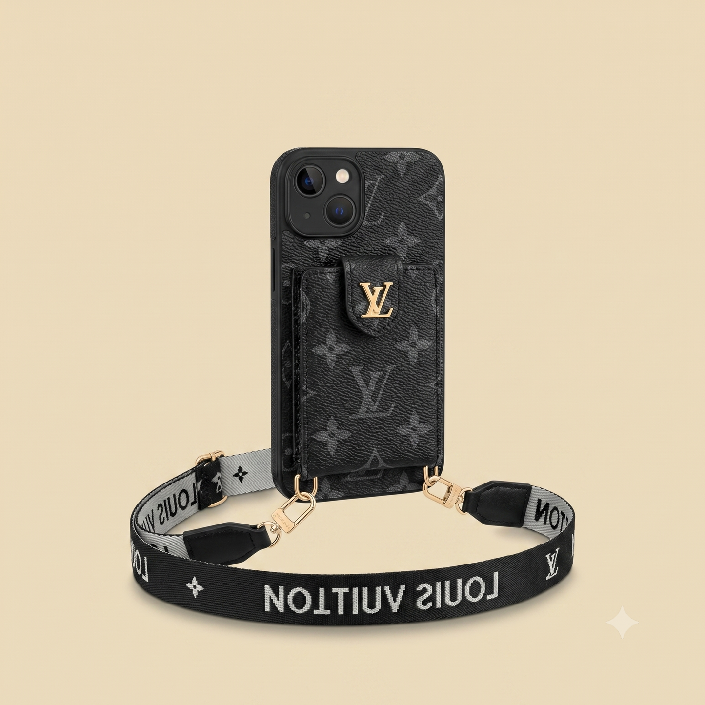 Louis Vuitton iphone case with strap on a beige background