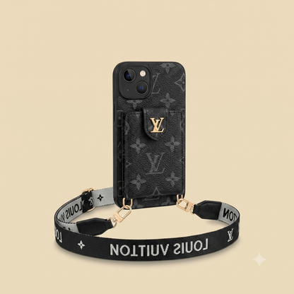 Louis Vuitton iphone case with strap on a beige background