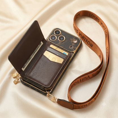 Louis Vuitton phone case with a strap on a beige fabric background