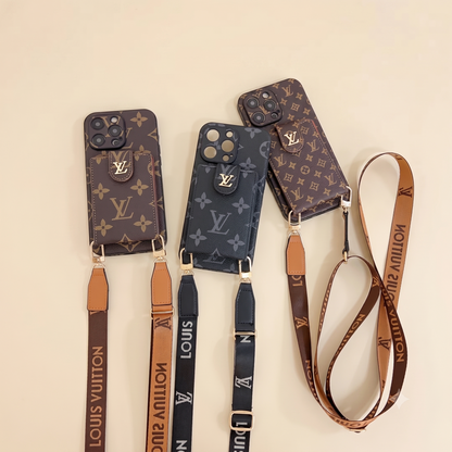 Louis Vuitton phone cases with matching straps on a beige background
