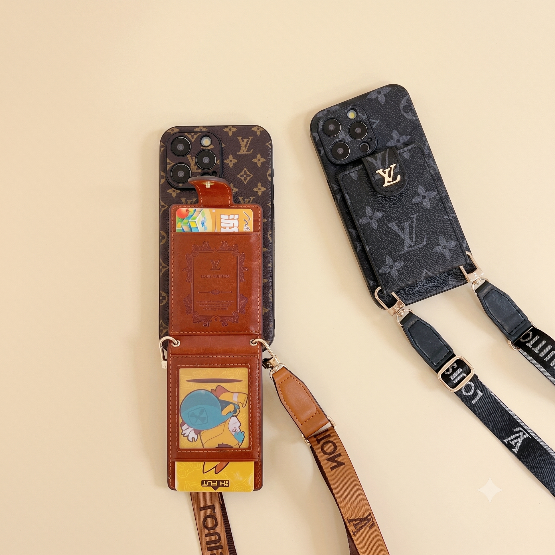Louis Vuitton phone case Two phone cases with straps on a beige background