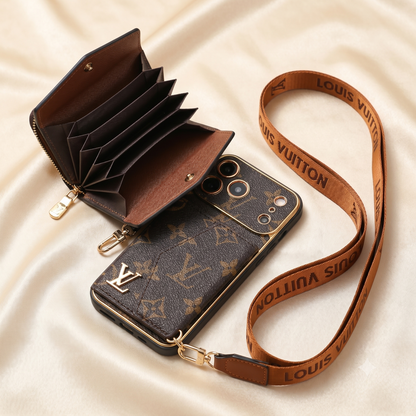 Louis Vuitton phone case with wallet attachment and strap on a beige fabric background