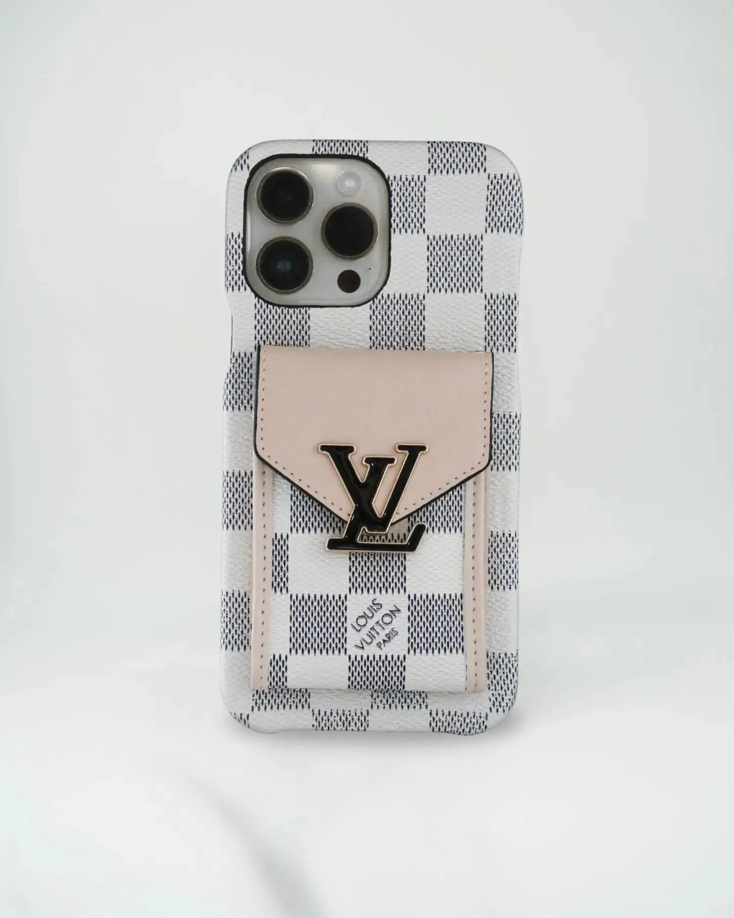 White Checkered Louis Vuitton iPhone 17 Pro Max Case With Cardholder