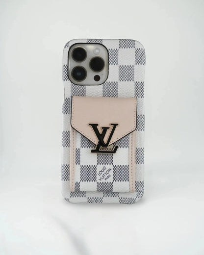 White Checkered Louis Vuitton iPhone 17 Pro Max Case With Cardholder
