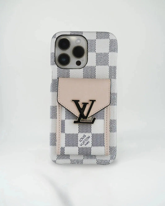 White Checkered Louis Vuitton iPhone 17 Pro Max Case With Cardholder