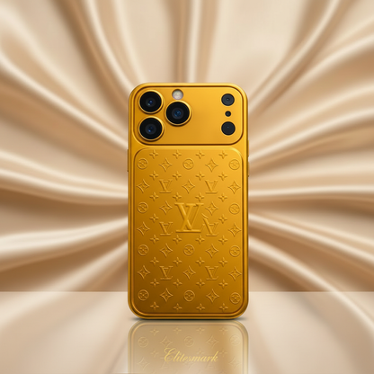 Maison Signature Edition iPhone Case – Standing Phone Mockup | upright studio shot, no hand, luxury gold designer cover | Elitesmark