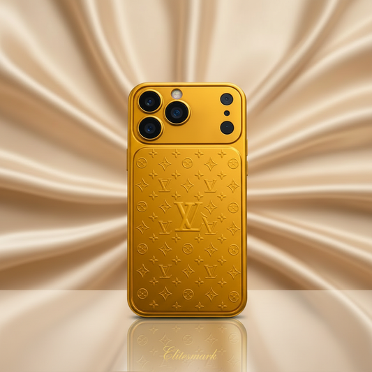 Maison Signature Edition iPhone Case – Standing Phone Mockup | upright studio shot, no hand, luxury gold designer cover | Elitesmark