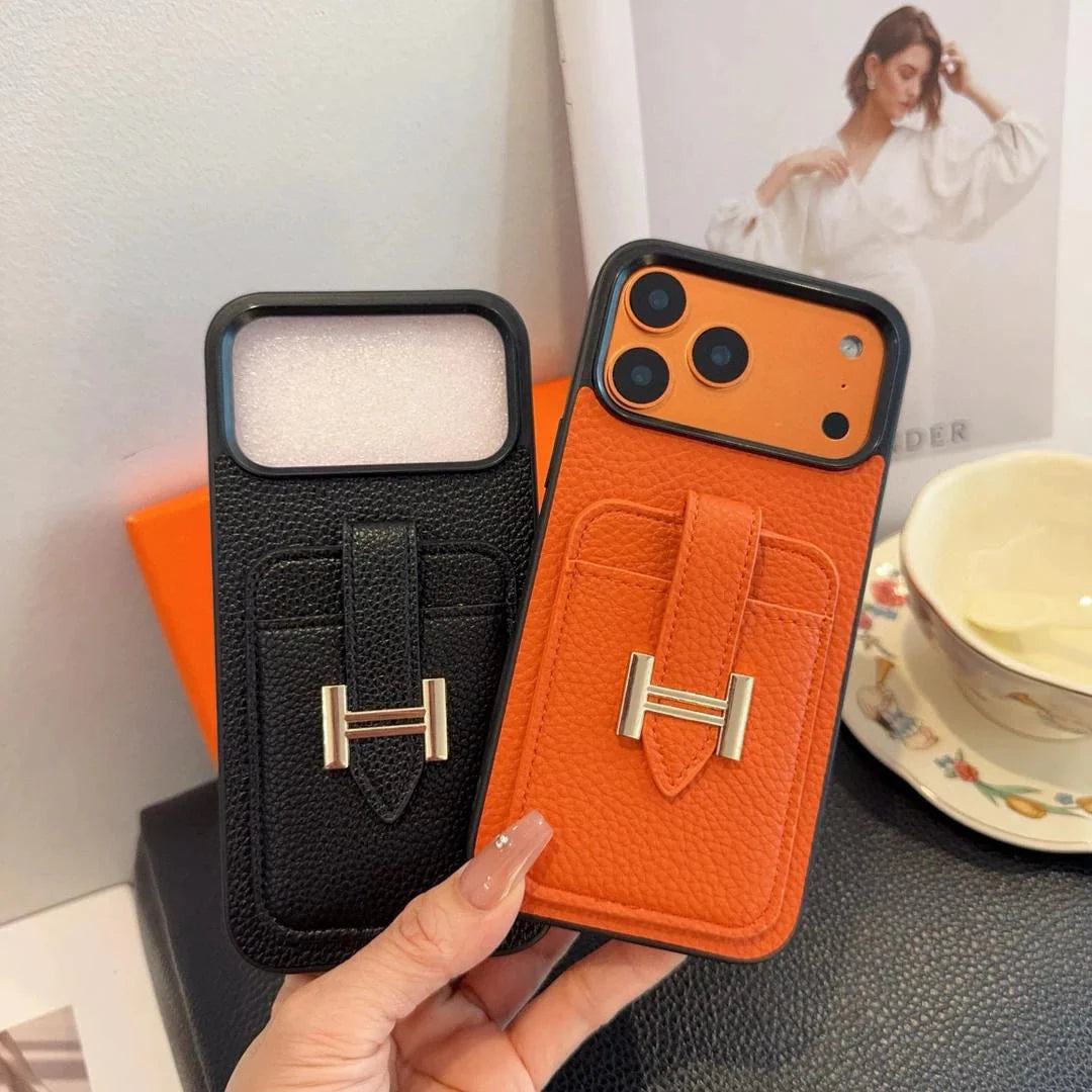 Hermès iPhone 17 Pro Max Case – Black Leather Card Holder Luxury Designer Cover