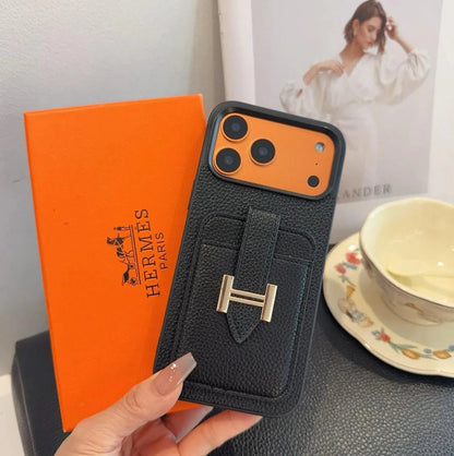 Hermès iPhone 17 Pro Max Case – Black Leather Card Holder Luxury Designer Cover