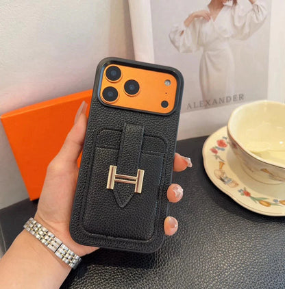 Hermès iPhone 17 Pro Max Case – Black Leather Card Holder Luxury Designer Cover