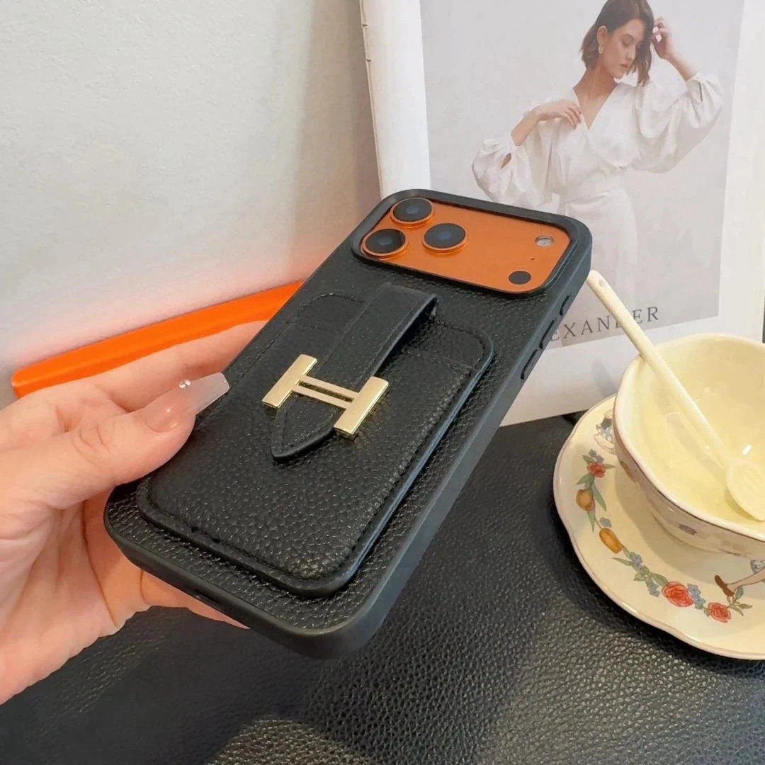 Hermès iPhone 17 Pro Max Case – Black Leather Card Holder Luxury Designer Cover