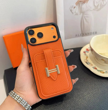 Hermès iPhone 17 Pro Max Case – Orange Leather Card Holder Luxury Designer Cover