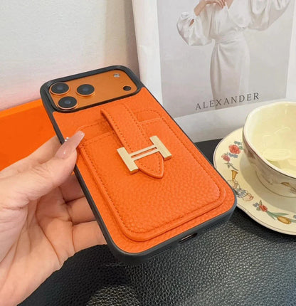 Hermès iPhone 17 Pro Max Case – Black Leather Card Holder Luxury Designer Cover
