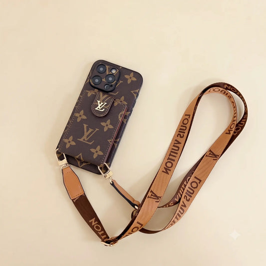 Louis Vuitton iPhone Case Monogram Canvas Leather Button Card Holder Crossbody iPhone Case - Elitesmark