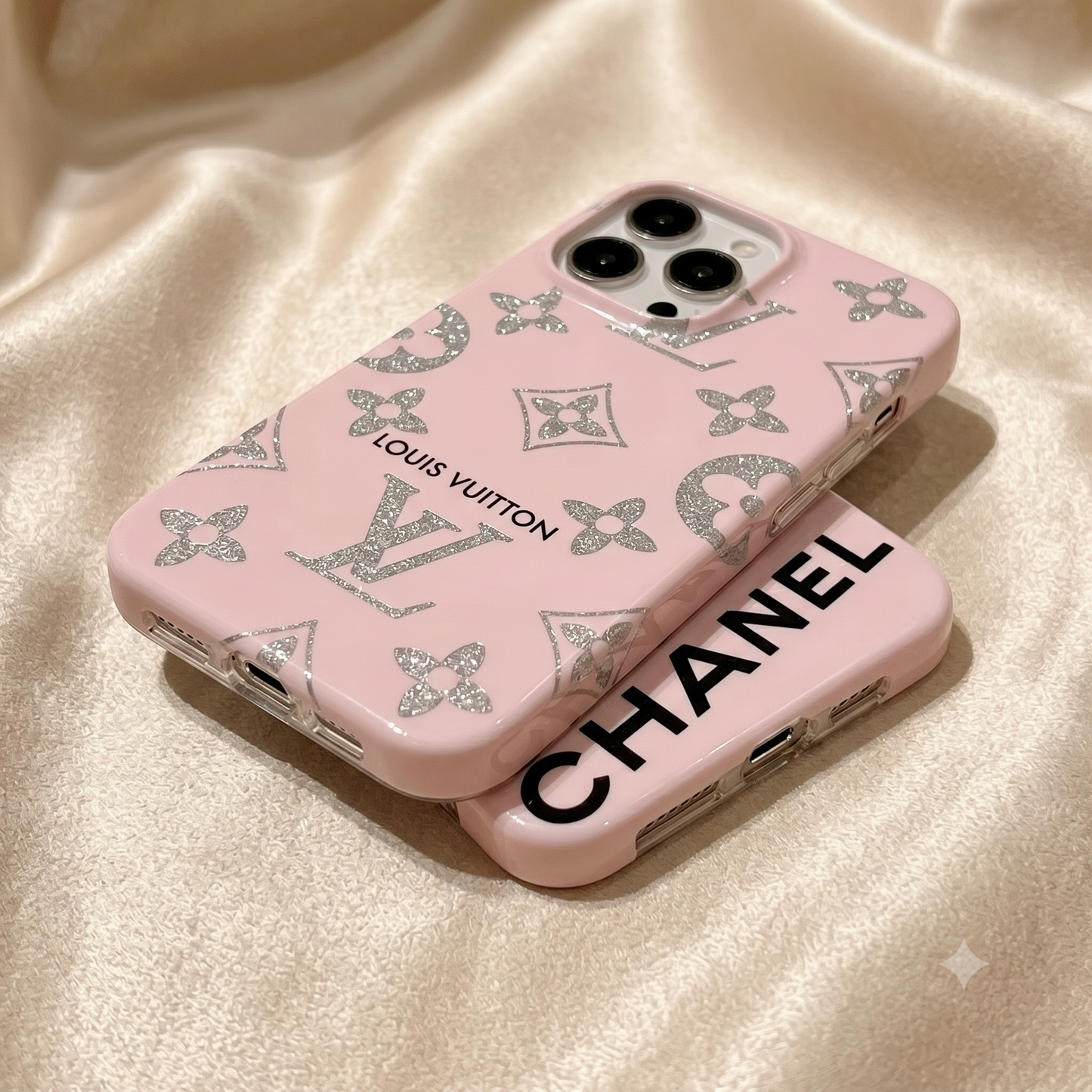 Two pink phone cases with Louis Vuitton and Chanel branding Pink Louis Vuitton iPhone case 13 - 17 Pro Max