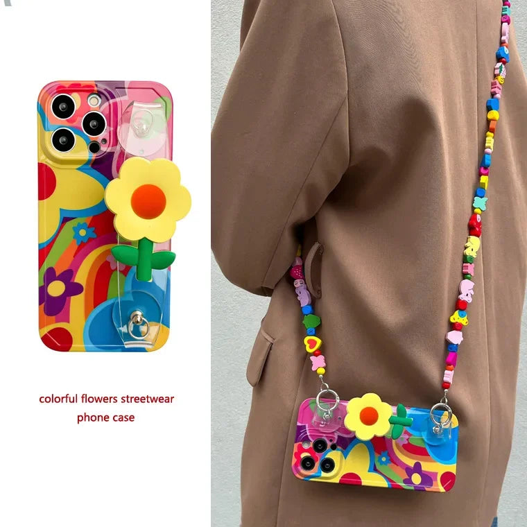 Flower With Lanyard Neck Strap Silicone iPhone Case