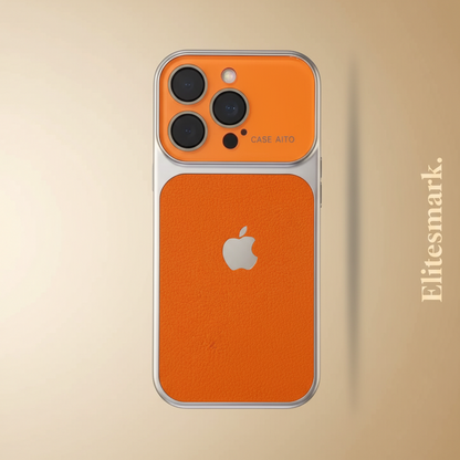 Urban Zest Leather Shield iPhone Case – Lifestyle Shot | statement luxury iPhone case, orange leather, metallic ring | Elitesmark