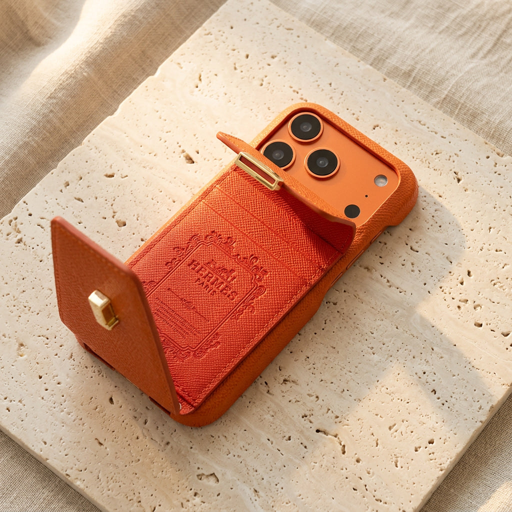Orange iPhone case with the rear card pocket flap open, lying on cream travertine.