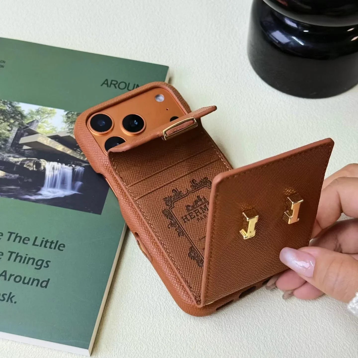 Hermès iPhone 17 Pro Max Case – Pink Leather Card Holder Luxury Cover