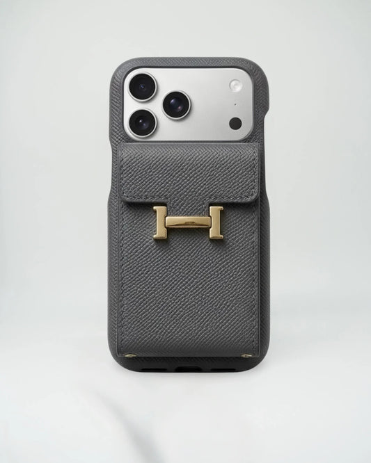 Hermès iPhone 17 Pro Max Case – Silver Leather Card Holder Luxury Cover