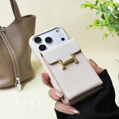 Hermès iPhone 17 Pro Max Case – White Leather Card Holder Luxury Cover