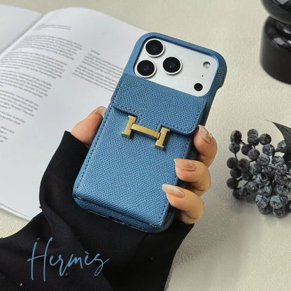 Hermès iPhone 17 Pro Max Case – Silver Leather Card Holder Luxury Cover