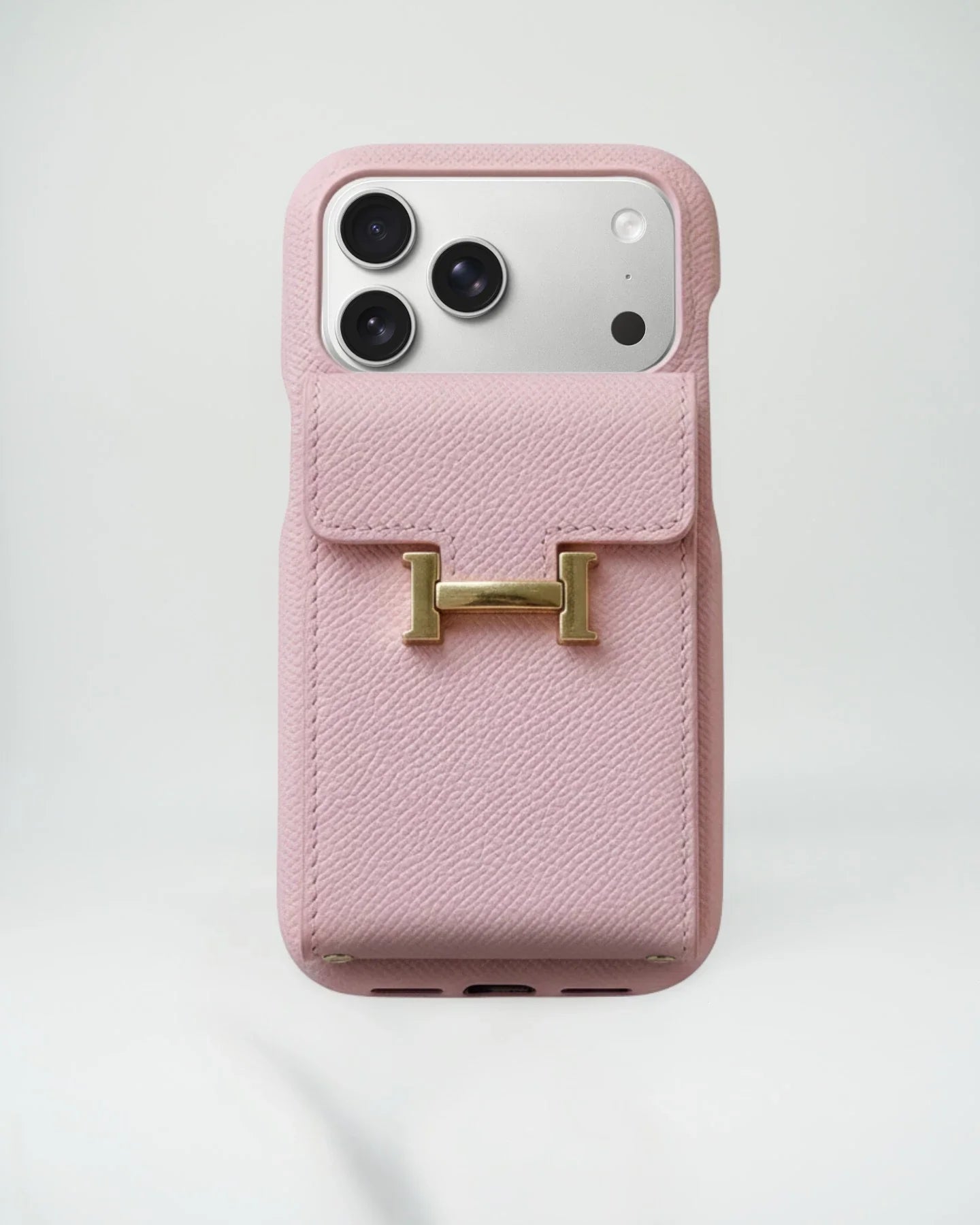 Hermès iPhone 17 Pro Max Case – Silver Leather Card Holder Luxury Cover