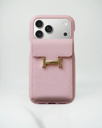 Hermès iPhone 17 Pro Max Case – White Leather Card Holder Luxury Cover