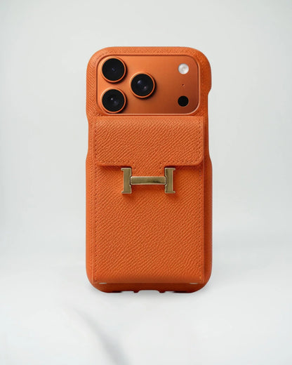 Hermès iPhone 17 Pro Max Case – Orange Leather Card Holder Luxury Cover