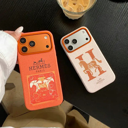 Hermes Orange Leather iPhone 17 Pro Max Case – Horse Logo Luxury Designer Cover