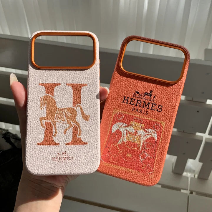 Hermes Orange Leather iPhone 17 Pro Max Case – Horse Logo Luxury Designer Cover