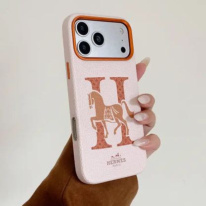 Hermes Orange Leather iPhone 17 Pro Max Case – Horse Logo Luxury Designer Cover