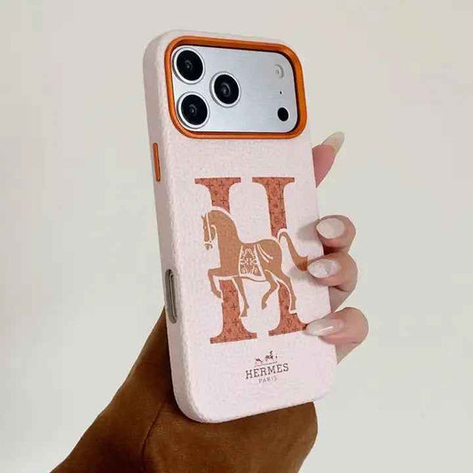 Hermes Orange Leather iPhone 17 Pro Max Case – Horse Logo Luxury Designer Cover