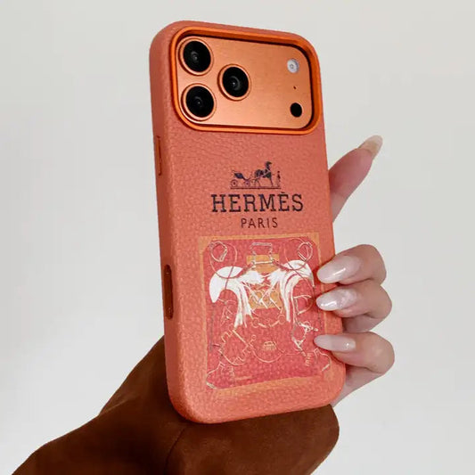 Hermes Orange Leather iPhone 17 Pro Max Case – Horse Logo Luxury Designer Cover