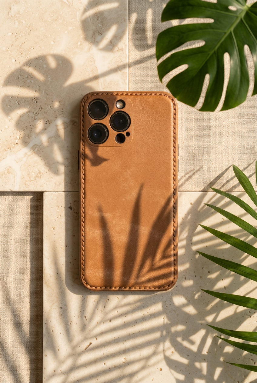 Milk-coffee tan stitched iPhone back cover shown from the rear under leaf shadows, with individual camera openings and a stitched border.