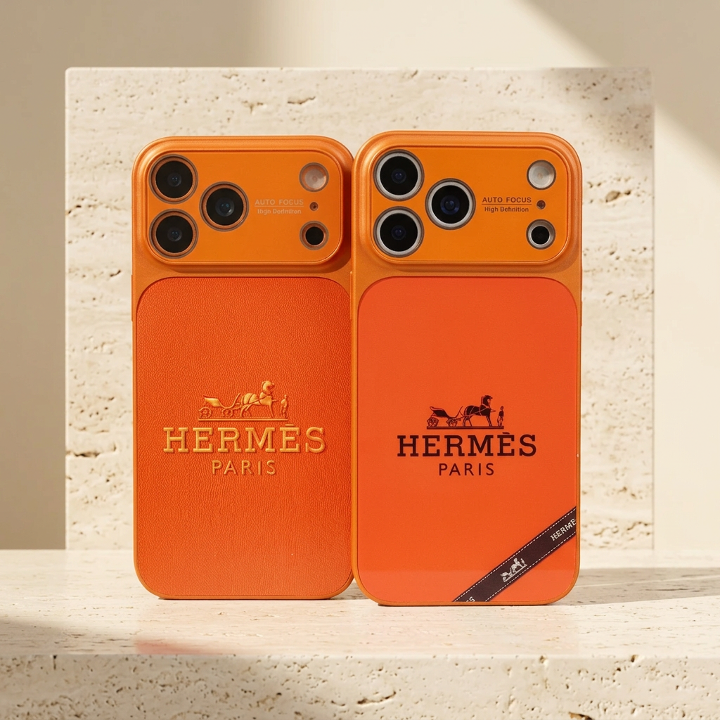 Two upright orange Hermès design cases with gold-tone textured motif at left and black motif with diagonal ribbon graphic at right.