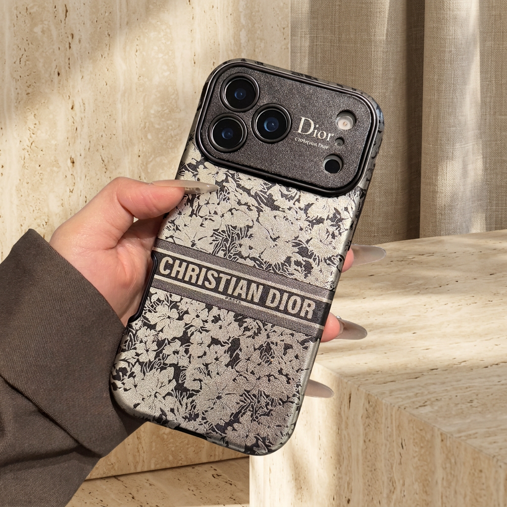 Angled hand-held rear view of the grey-and-ivory floral case with Christian Dior band and textured camera panel.