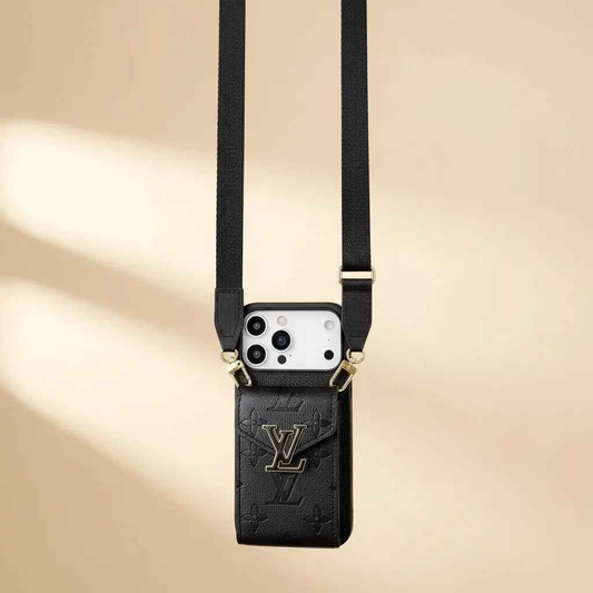 Black Louis Vuitton iPhone 17 Pro Max Case With Cardholder - Luxury LV iPhone 17 Pro with Strap
