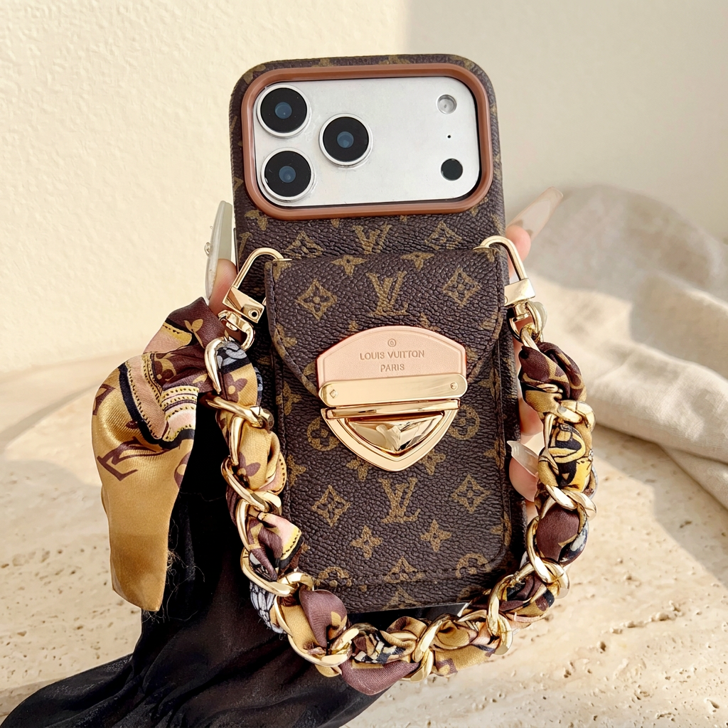 Brown small-motif monogram rear-pocket case held upright with a gold-tone clasp and brown-and-gold scarf woven through a short chain.