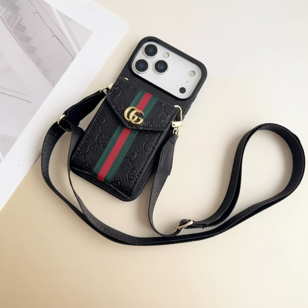 Black LV iPhone 17 Pro Max Cardholder Case – Strap Detail | crossbody luxury strap, LV monogram leather, designer phone cover | Elitesmark
