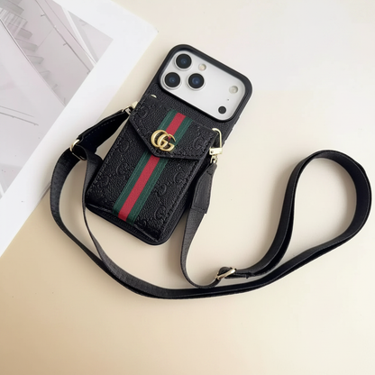 Black LV iPhone 17 Pro Max Cardholder Case – Strap Detail | crossbody luxury strap, LV monogram leather, designer phone cover | Elitesmark