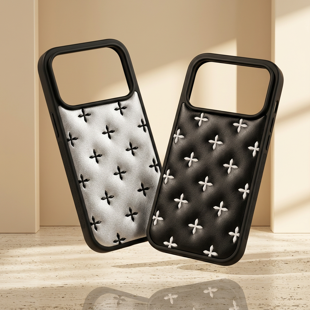 Crossquilt Puffy Faux Leather iPhone Case – Contrast Cross Design, showing White with black cross motifs and Black with white cross motifs, with empty camera openings.