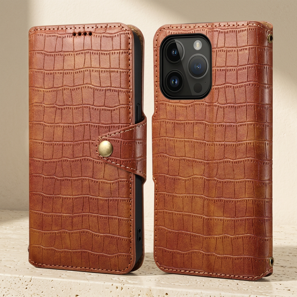 Brown alligator-print folio shown closed from the front and rear, with stitched edges, a gold-tone snap tab and camera opening.