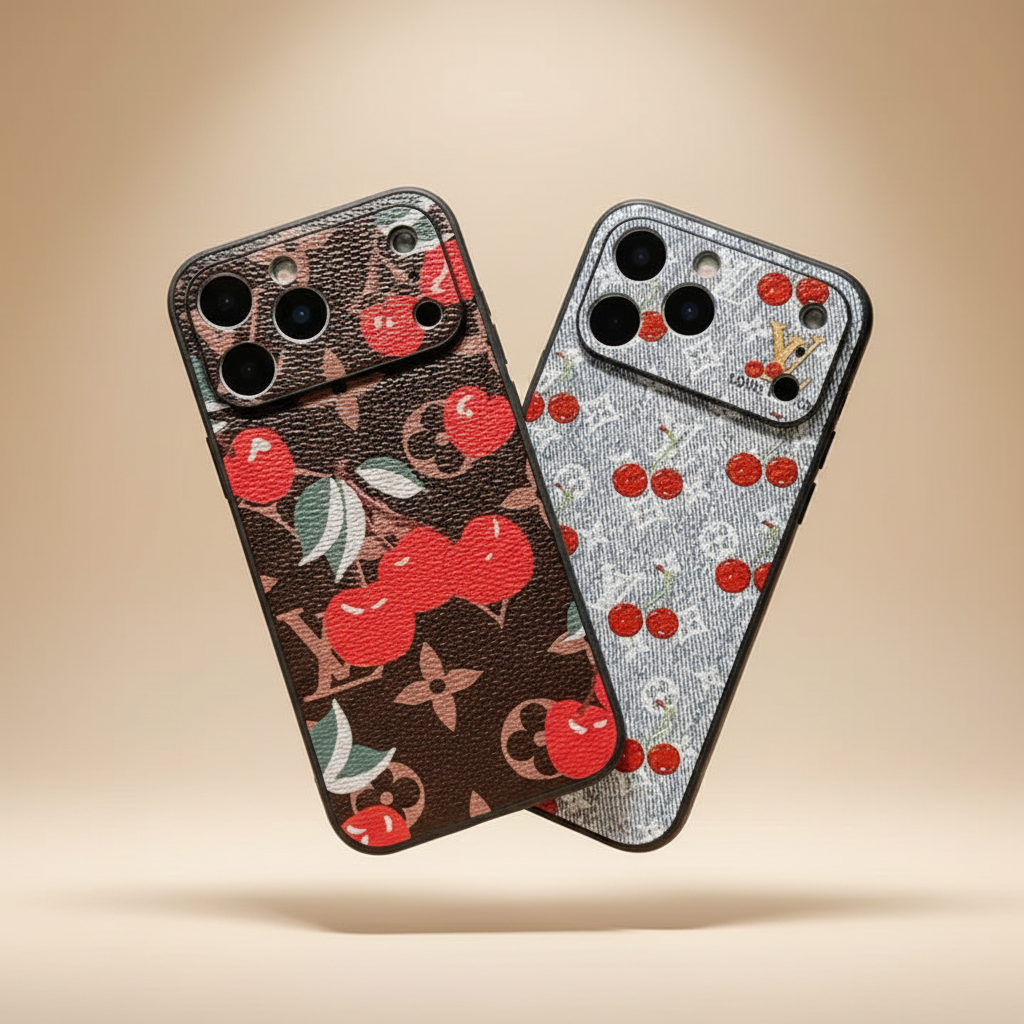 Cherry LV Gray iPhone 17 Pro Max Case – Angle Shot | grey cherry LV monogram, luxury phone case | Elitesmark