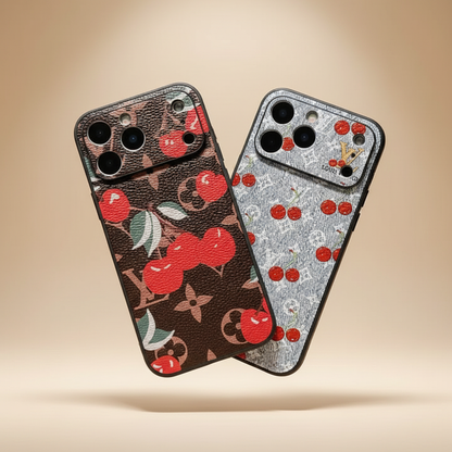 Cherry LV Gray iPhone 17 Pro Max Case – Angle Shot | grey cherry LV monogram, luxury phone case | Elitesmark