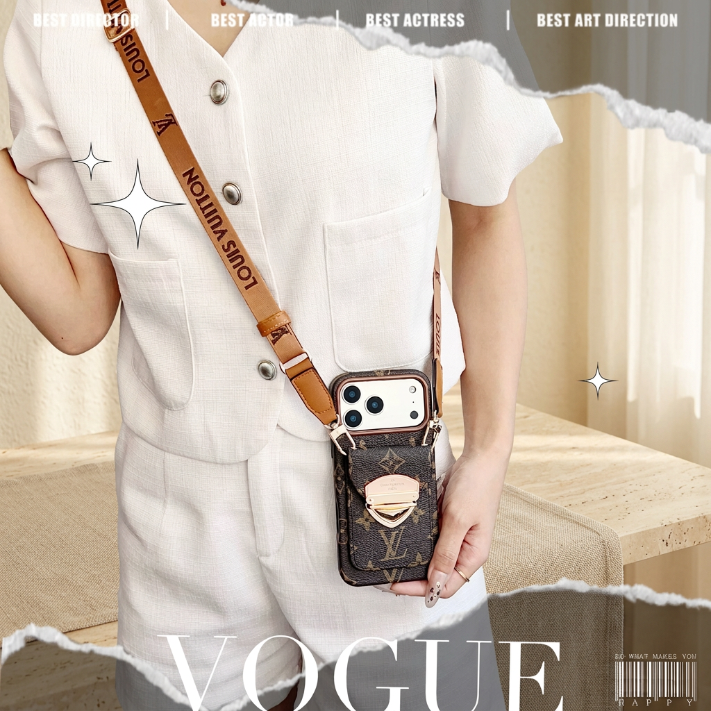 Cropped torso view of a person in cream clothing wearing a brown monogram rear-pocket case on the long tan wordmark strap, with the original decorative text overlay.